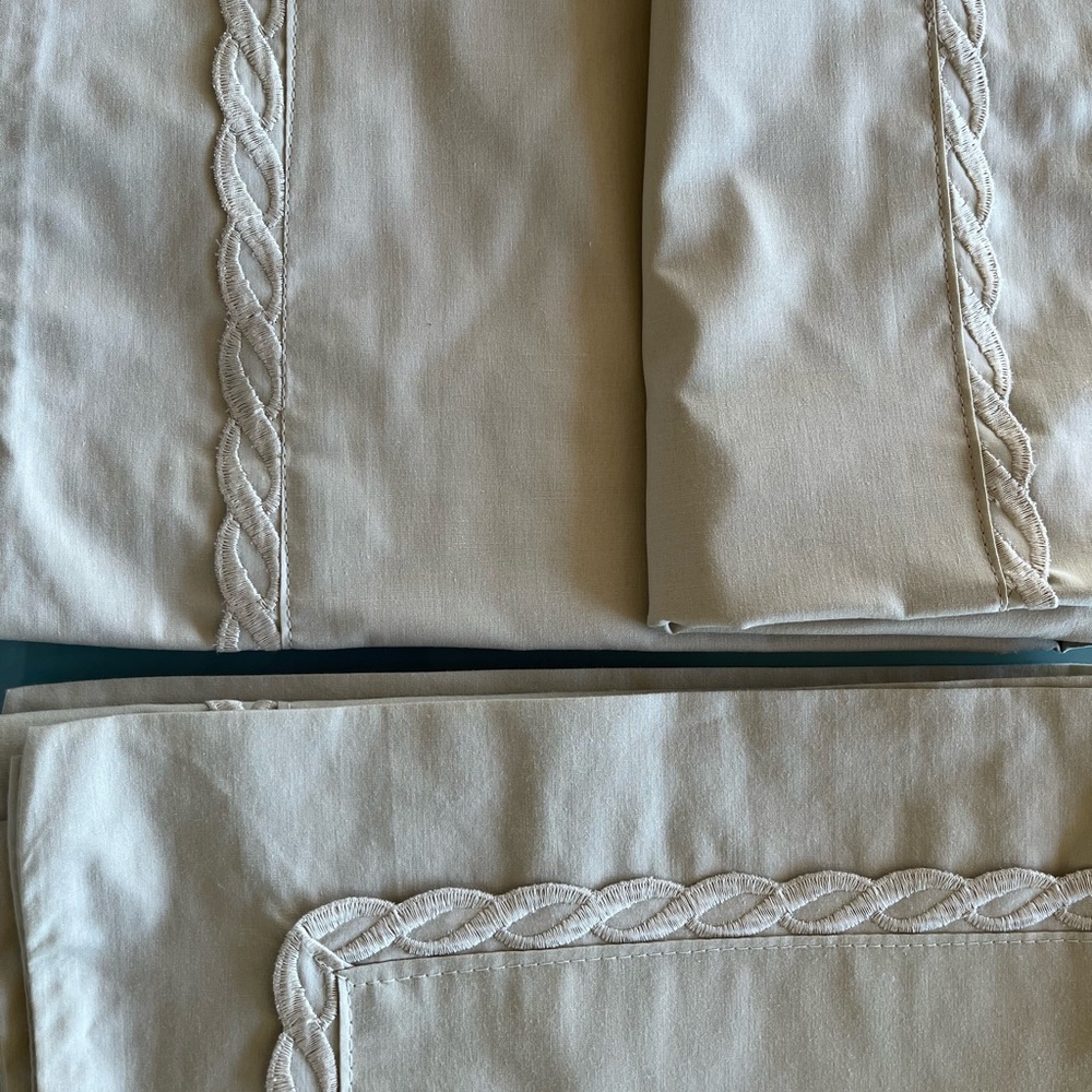 A pair of new Canon King size shams beige cotton with embroidered lace gorgeous!